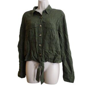 Express Women Green Button Up Long Sleeve Tie Front Collared Shirt Size L Gauze